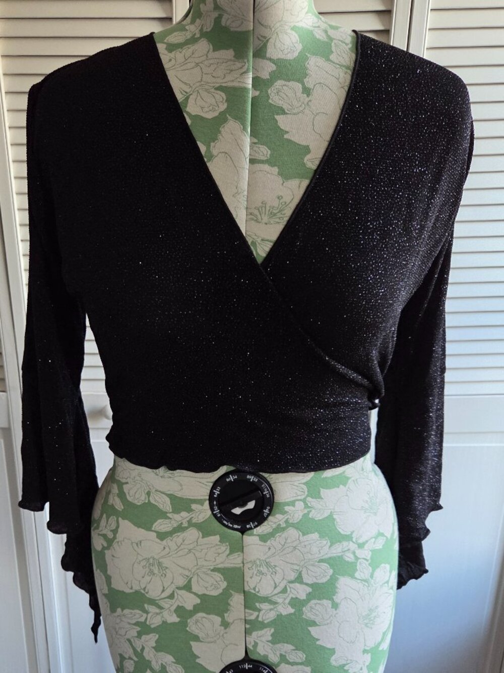 Black Sparkly Cropped Wrap Top with Bell Sleeves